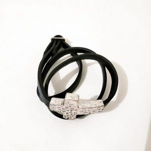 Black Leather Silver Cross Wrap Bracelet